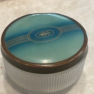 Vintage 50’s Powder jar teal lid brass trim